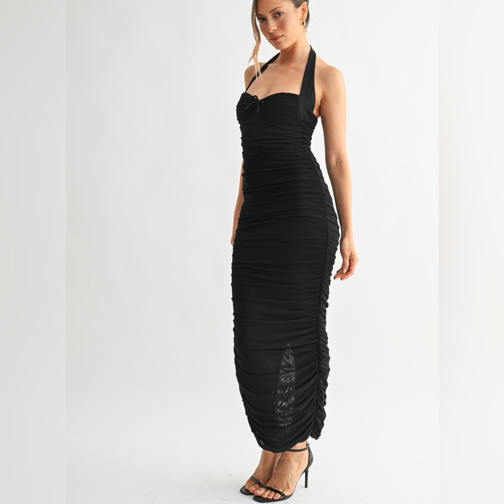 NWT Bow Detail Halter Neck Bodycon Ruched Mesh Maxi Dress - Picture 4 of 11